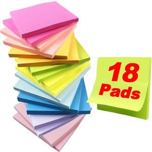 7 x Sticky Notes, 18 Pads, 3 x 3 inches, Multi-Color, Self-Stick Pads, 50 Sheets/Pad, School Supplies and Office Products(Bright Colors)