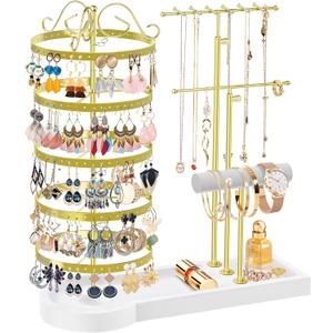 Jewelry Earring Holder Organizer, Adjustable 5 Tiers Rotating Earring Holder 3 Tier Necklace Holder with Wooden Base, Multi-Functional Jewelry Organizer Display Stand for Studs Bracelet Women(Gold) Jewelry Earring Holder Organizer, Adjustable 5 Tiers Rotating Earring Holder 3 Tier Necklace Holder with Wooden Base, Multi-Functional Jewelry Organizer Display Stand for Studs Bracelet Women(Gold)