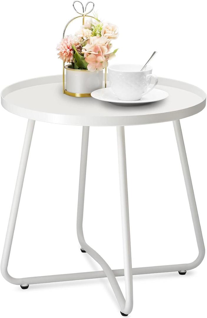 danpinera Outdoor Side Tables, Weather Resistant Steel Patio Side Table, Small Round Outdoor End Table Metal Side Table for Patio Yard Balcony Garden Bedside White