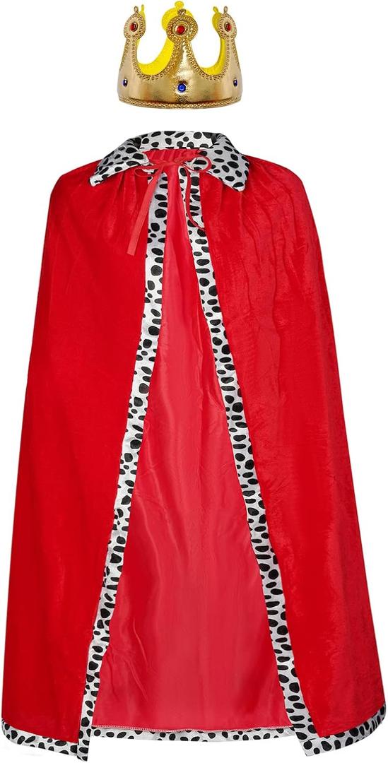 King Robe Costume Queen Robe Crown Set Cosplay Stage Performances Royal Cape Dress Up for Halloween Costume Party (49.2 in, Red)