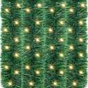 Kingdder 16.4 ft Christmas Tinsel Garland Lighted Metallic Twist Tree Decoration Prelit Battery Operated 50 LED Hanging Garland for Xmas New Year Home Outdoor Decor(Warm White, Green)