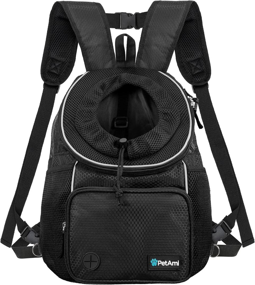 PetAmi Adjustable Dog & Cat Chest Carrier Backpack, Ventilated for Hiking, Camping & Travel, Max 10 lbs, Black (Medium (15x8x15.5))