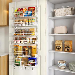 Over The Door Pantry Organizer, Wall Mount Spice Rack, Pantry Hanging Storage and Organization, 6 Adjustable Baskets Heavy-Duty Metal for Home & Kitchen, Back of Door Seasoning Rack - White (6-Tier)
