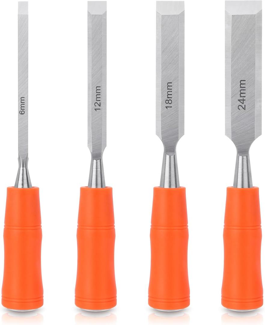 4 Piece Wood Chisel Sets Woodworking Tools Set, Wood Chisels for Woodworking with Steel Hammer End, Wood Tools Chisel Set Woodworking with Ergonomic Plastic Handle, 6mm, 12mm, 18mm, 24mm