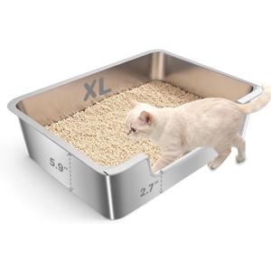 Low Entry Litter Box for Senior Kittens Disabled Cats - Stainless Steel High Sided Enclosed Easy Step in Entry - Large Metal Kitty Litter Box Easy to Clean(23.6x15.7x5.9)