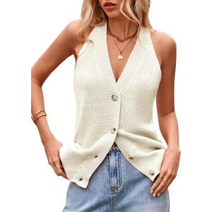 Women Sweater Vest Button Down V Neck Knit Tank Top Sleeveless Cardigans (White, L)