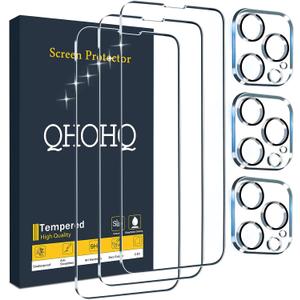 QHOHQ 3 Pack Screen Protector for iPhone 13 Pro Max 6.7" with 3 Pack Tempered Glass Camera Lens Protector, Ultra HD, 9H Hardness, Scratch Resistant, Easy Install - Case Friendly
