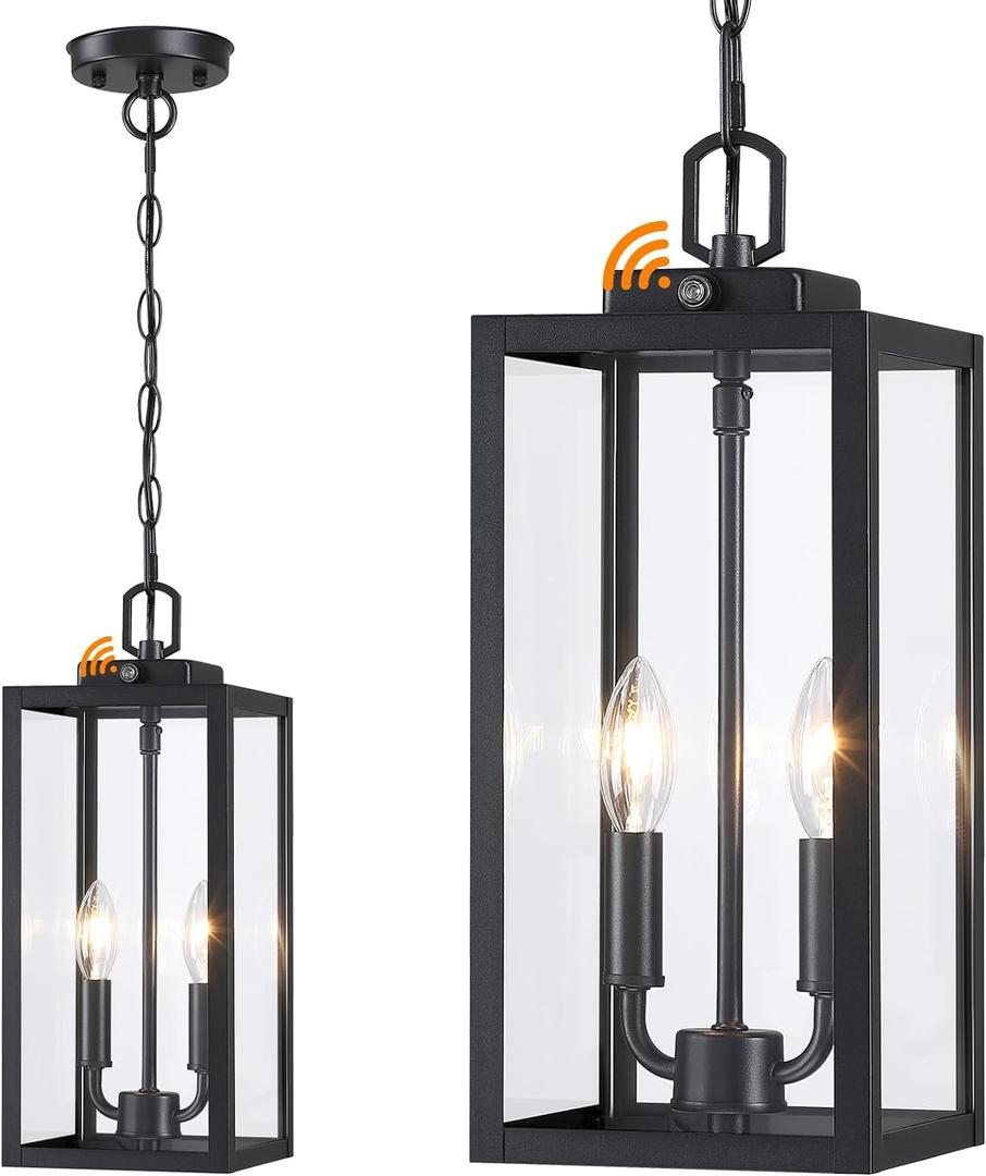 Large Outdoor Pendant Light 2-Light, 15'' Dusk to Dawn Modern Black Metal Outside Chandelier Exterior Hanging Fixture Ceiling Mount with Clear Glass for Front Porch Entrance Foyer Entryway, 1 Pack (Dusk to Dawn Sensor)