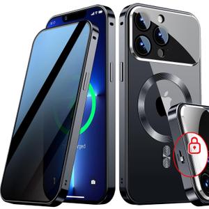 [Full Camera Protection& Mechanical Lock]Magnetic Privacy Case for iPhone 14 Pro Max[Compatible with MagSafe][CD Metal Ring]Full Body Shockproof Metal Bumper, 9H Anti Peeping Glass Cover-Dark Black