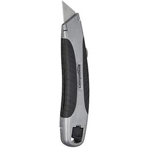 Amazon Basics Soft Grip Retractable Utility Knife with 3 Blades, Black/Silver