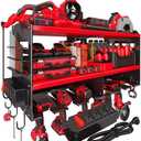 Spampur Power Tool Organizer with Charging Station, 6 Drill Holders Wall Mount, Heavy Duty Metal Premium Garage Tool Shelf, Gift for Man Cordless Tool Storage Rack with 4 Outlet Power Strip - Red