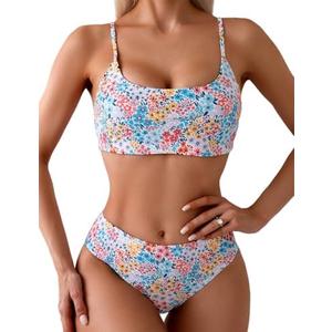YIMISAN Women's Two Piece Swimsuit Floral Print Bikini Sets Spaghetti Straps Scoop Neck Mid Waist Cheeky Bathing Suit Size L