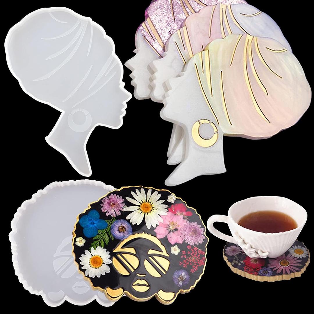 2PCS Afro Female Head Coaster Resin Mold Silicone Woman Girl Epoxy Resin Casting Mould Irregular Coaster Cup Mat Trinket Tray Candle Soap Holder Resin Art Painting DIY Home Table Decor
