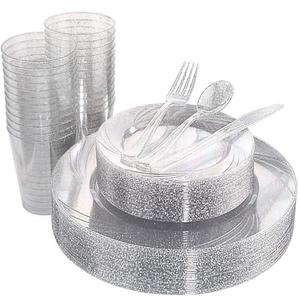 WDF 150pcs Silver Plastic Plates Disposable - Winter Wonderland Party Decorations include 50 Dinner And Salad Plates, 25 Forks, 25 Knives, 25 Spoons& 10oz Plastic Cups