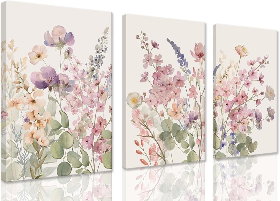 ZQARTZZQ Framed Colorful Wildflower Canvas Wall Art, Pink and Purple and Floral Paintings Watercolor Botanical Flower Wall Decor Pictures Prints Set of 3 for Living Room Girls Bedroom Bathroom 12x16in