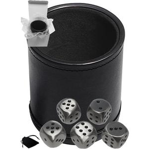 Cyber-Deals Set of Dice Cup Black PU Leather w/Plush Black Felt Lined + 16mm Zinc Alloy Metal Dice, Gift Boxed (Antique Tin, Black)