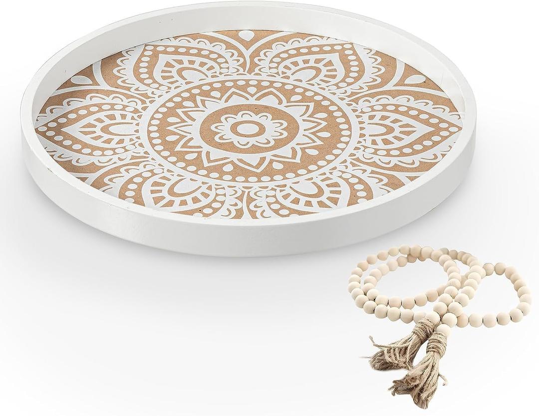 Large Round Decorative Tray with Wooden Beads Garland, Farmhouse Coffee Table Tray, Wood Decorative Serving Tray for Coffee Table Decor Home Kitchen Counter Decor, 17.7 Inch (White)