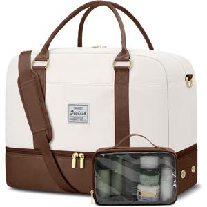 Weekender Travel Duffle Bag for Women: Overnight Bags with Shoe Compartment Carry on Bags for Airplanes with Toiletry Bag Yoga Gym Bag with Wet Pocket Travel Duffel Tote Bag Hospital Bag Brown Beige (Large)