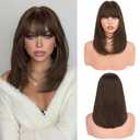 Haloo Brown Bob Wigs with Bangs Shoulder Length Straight Natural Looking Synthetic Heat Resistant Medium Hair Wigs for Women Daily Party, 16 Inch Light Brown
