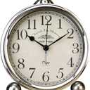 JUSTUP Vintage Table Clock, Iron European Style Desk Clock Battery Operated Non-Ticking Mantle Clock for Home Decor (Silver)