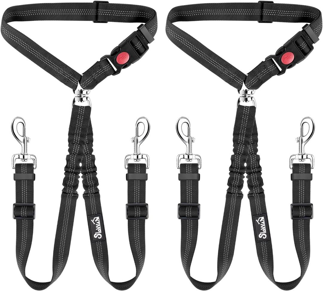 Lukovee Double Dog Seat Belt, New Dual Pet Car Headrest Restraint Safety Seatbelt No Tangle Dog Leash Duty Adjust Elastic Bungee Puppy Lead Splitter Connect Harness in Vehicle Travel,Black,2 Pcs