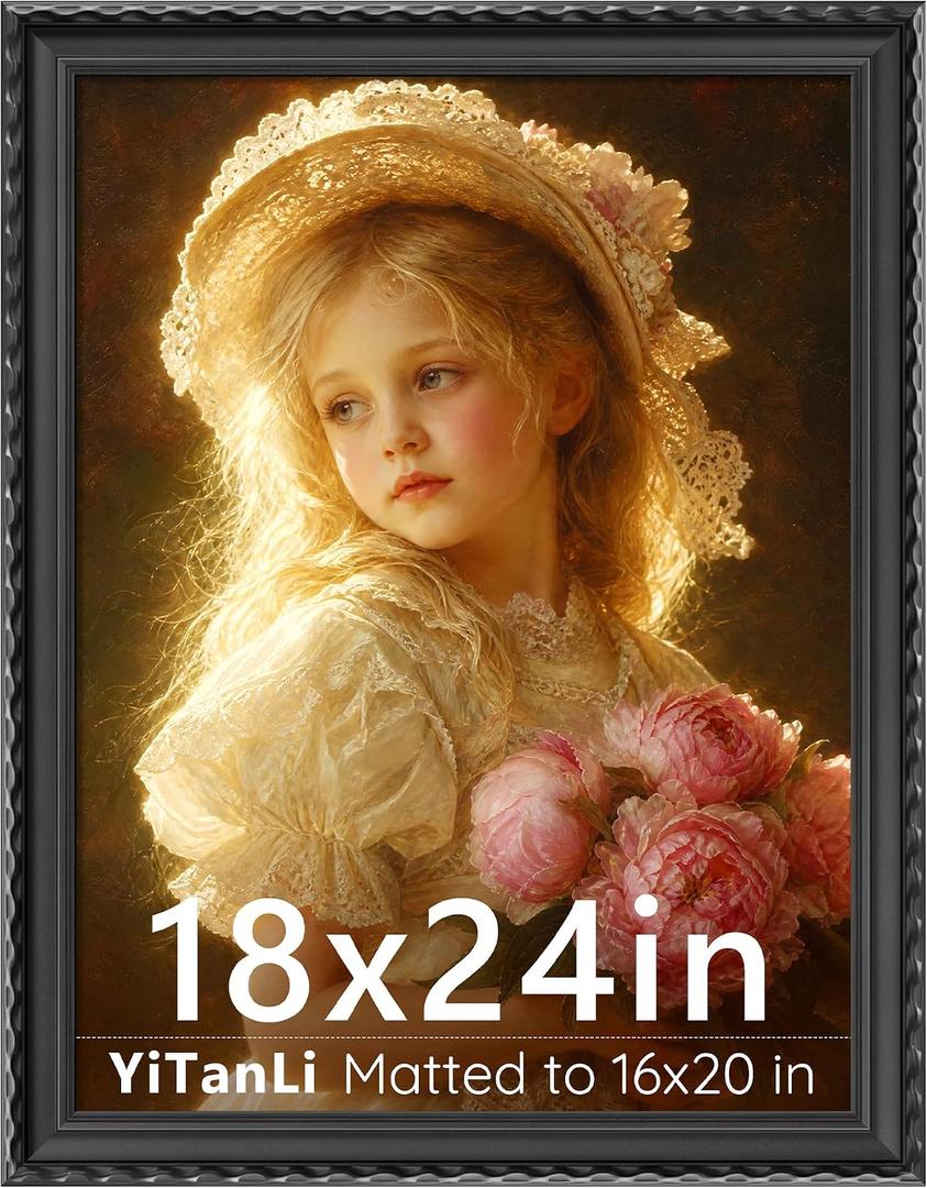 18x24 Black Vintage Ornate Wavy Picture Frame, Matted 16x20
