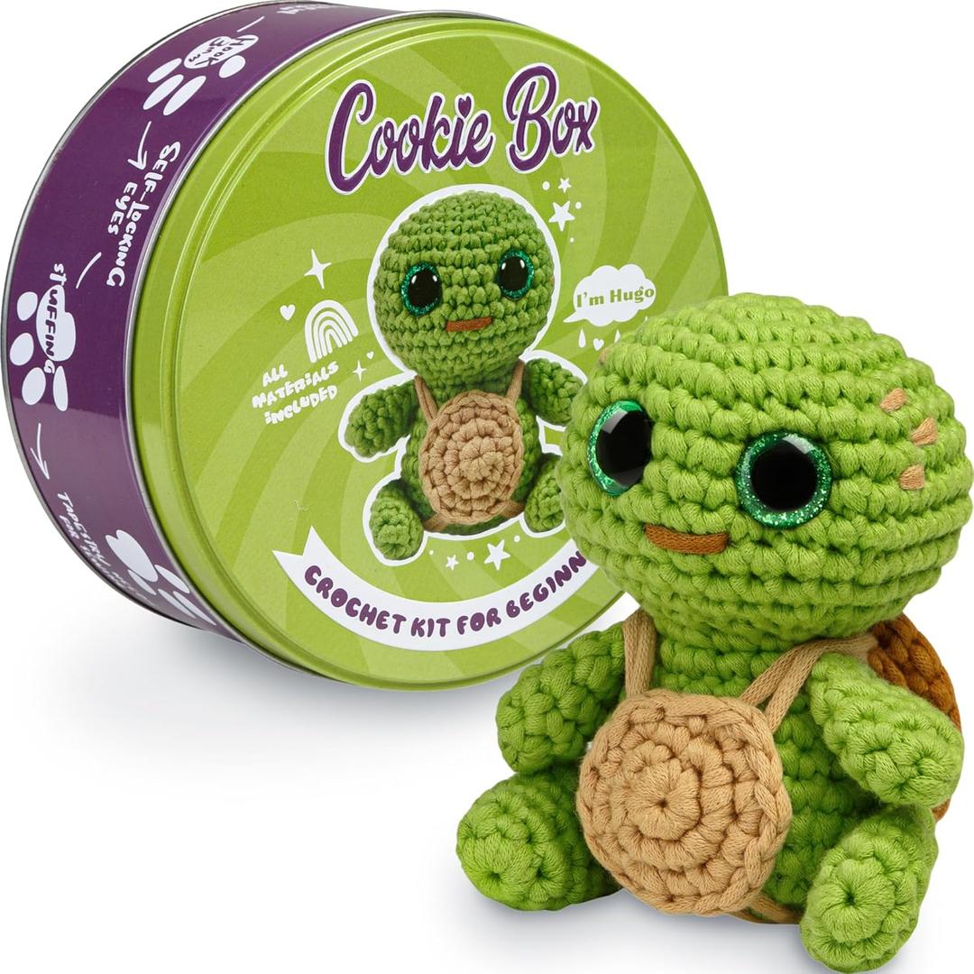 Cookie Box Original Crochet Kit for Beginners  Gift Set to Make Turtle Hugo Amigurumi Plushie  Easy DIY Crochet & Knitting Starter Kit with Video and PDF Tutorials (Green)