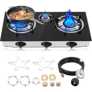 Propane Gas Cooktop,3 Burners Gas Stove portable gas stove, 0.28"Tempered Glass, Auto Ignition Camping 3 Burner LPG for RV,Apartments,Outdoor