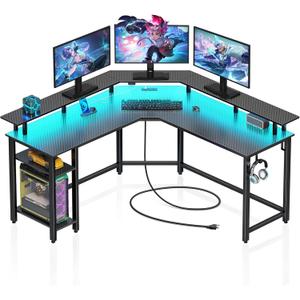 Rolanstar L Shaped Gaming Desk with LED Lights & Power Outlets, 53" Computer Desk with Full Monitor Stand & Storage Shelf, Corner Desk with Hooks, Carbon Fiber Desk Reversible (53*53*34.1 inch)