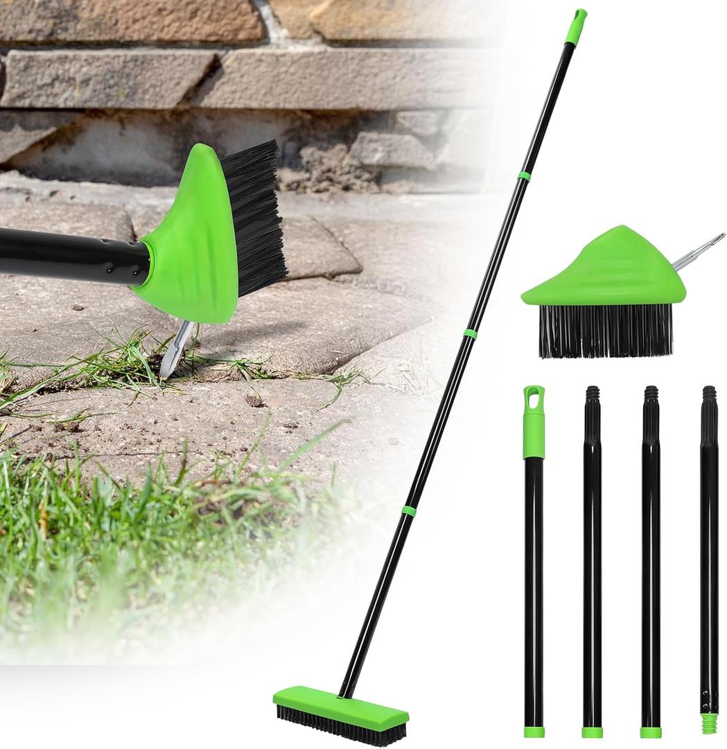 3 in 1 Weeding Wire Metal Brush Tools, Concrete Scrub Deck Brush with Long Handle for Moss, Tough Stains on Paving, Garden, Patio, Pool (Green)