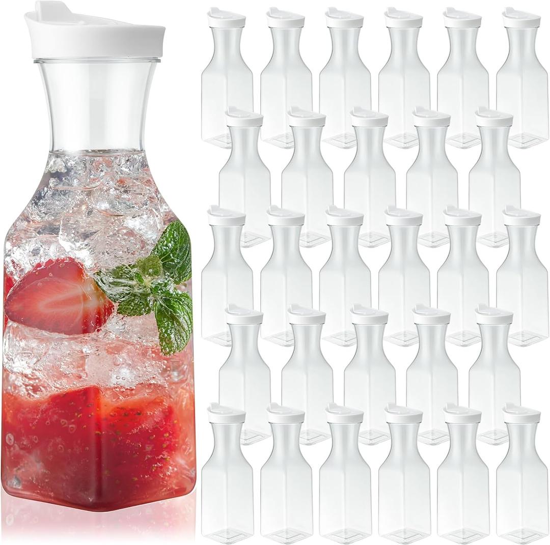30 Packs Plastic Carafe with Lids, 34 oz Clear Mimosa Juice Containers, Acrylic Beverage Carafe Pitcher Drink Containers for Fridge Outdoor Iced Tea Juice Party Mimosa Bar (Stylish)