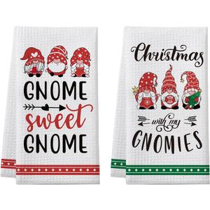 Gnome Christmas Kitchen Towels, 2 Pack Funny Holiday Dish Towels, Holiday Collection Gnomie Gift, Gnome Bathroom Hand Towels, Cute Christmas Kitchen Decorations, White Elephant Gifts for Women Men (Sweet)