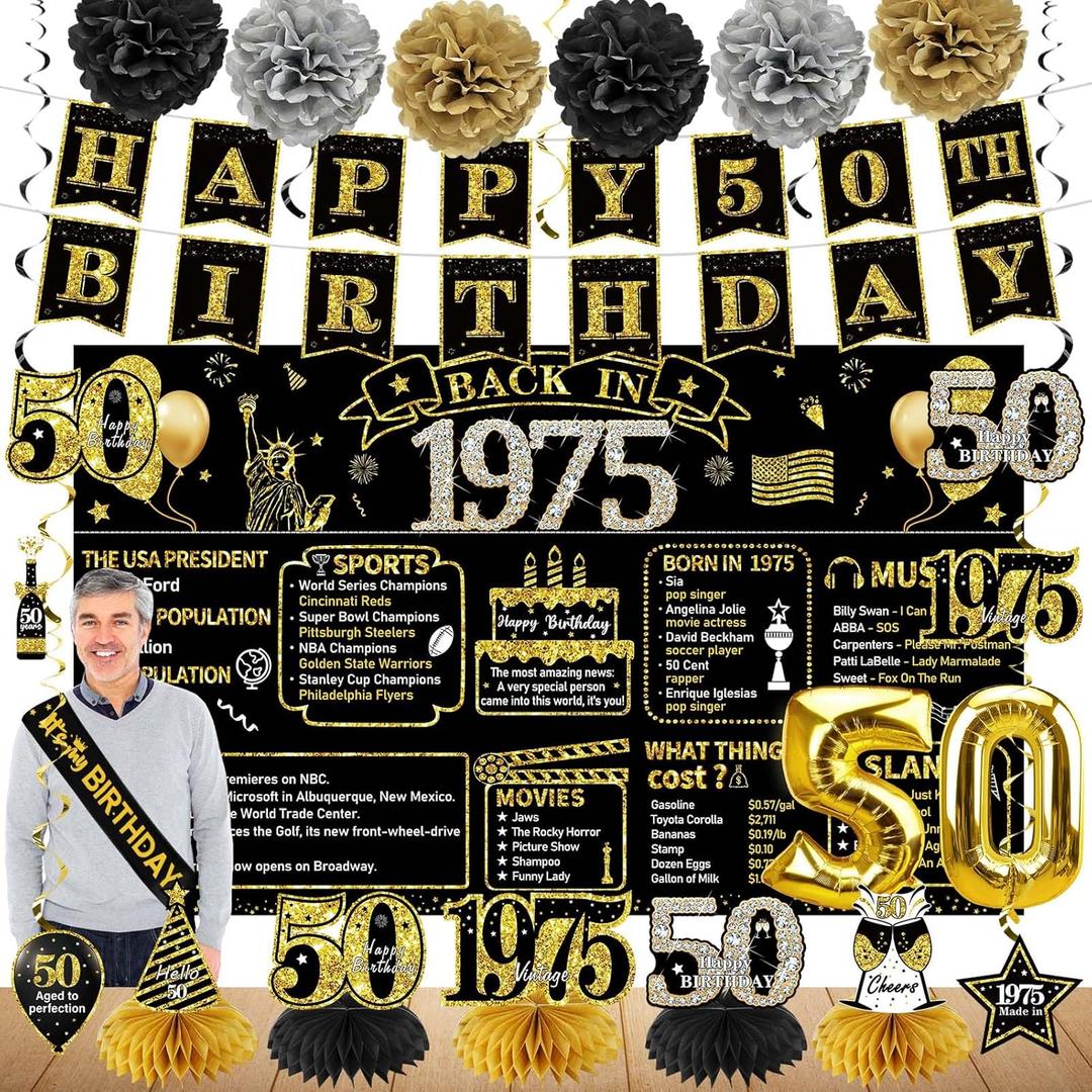Zirtorei 50th Birthday Decorations for Men, 21pcs Vintage 1975 Banner Party Supplies, Black Gold 50 Year Old Birthday Backdrop, 50 Birthday Honeycomb Centerpiece Hanging Swirls Balloon Sash Gifts