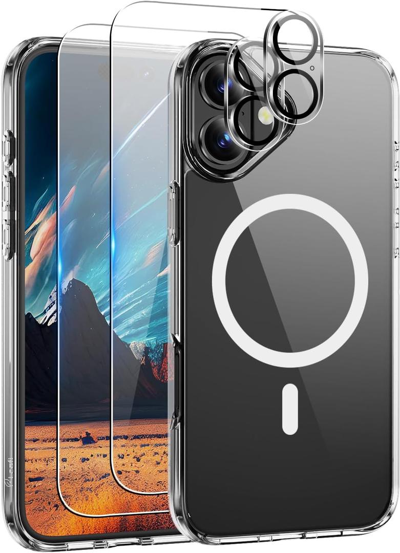 Clear Case Compatible with iPhone 17  5-in-1 Combo with 2 Tempered Glass Screen Protectors & 2 Camera Lens Protectors, Slim Anti-Yellow Shockproof Cover