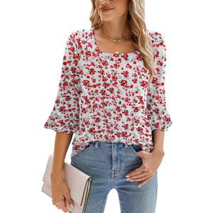 Poetsky Women's Casual 3/4 Sleeve Tops Summer Square Neck T Shirts Ruffle Loose Fit Tunic Blouses (M)