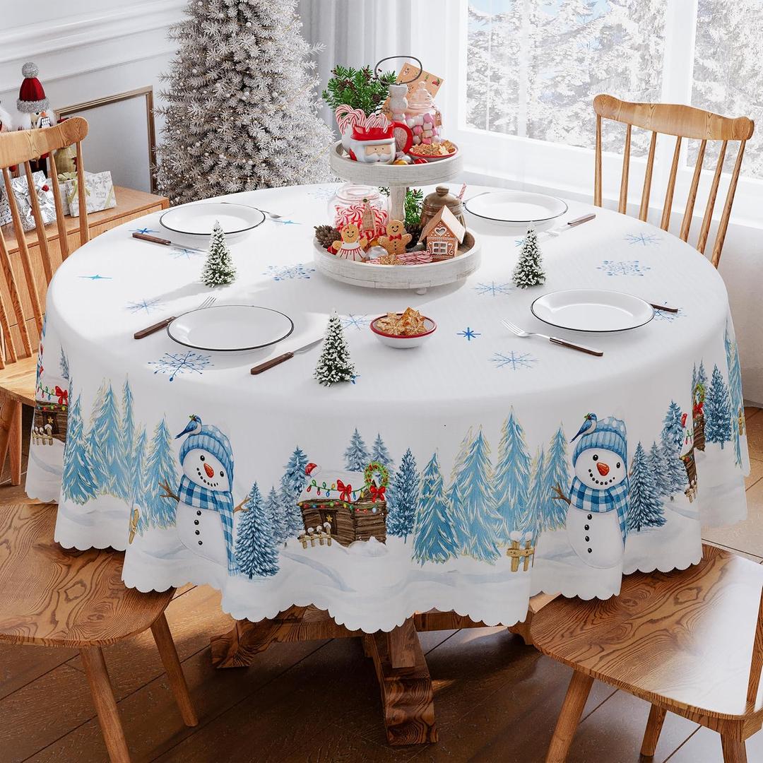 Siilues Christmas Tablecloth 70x70 Inch Round, Washable Blue Snowflake Snowman Waterproof Table Cover Seasonal Winter Scalloped Edge Dining Table Cloth Home Party Decorations