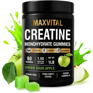 Creatine Monohydrate Gummies 1500 mg Crisp Green Apple Chewable Pre-Workout for Strength & Muscle Support Vegan, Sugar-Free & Halal for Men & Women 90 Gummies (EXP 07/31/26)