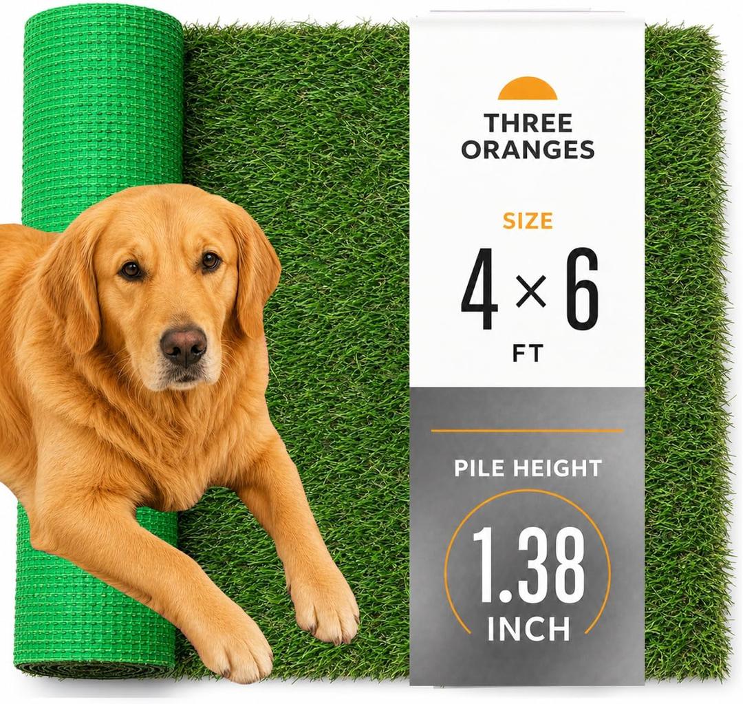 THREE ORANGES Artificial Grass Outdoor 4x6 FT, 1.35 Inch Thick Soft Fake Grass Turf Mat with Drainage Holes, Artificial Turf Grass Rug for Dogs, Patio Backyard Dog Run