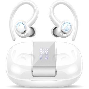 Csasan Headphones Wireless Earbuds Sport, Bluetooth 5.3 Over Ear Buds Stereo Deep Bass Headset with Earhooks, 48H Wireless Earphones with HD Mic, IP7 Waterproof Earbud for Sports/Running/Workout White