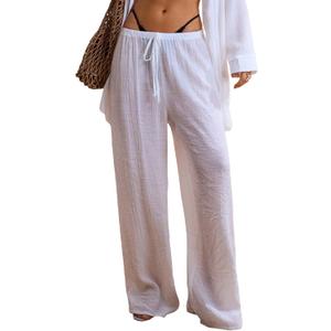 Women's See Through Beach Lounge Pants Lightweight Wide Leg High Waisted Drawstring Linen Breathable Cover Up (White, S)
