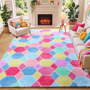 Checkered 8x10 Area Rugs for Living Room, Fluffy Pink Rainbow Girls Rug