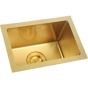 Gold Bar Prep Sink Mini Trumpet Kitchen Essential Sink 15 x10 Inch Rectangular Stainless Steel RV Utility Sink with Golden Drain Strainer Stopper, Single Bowl Undermount or Drop-In
