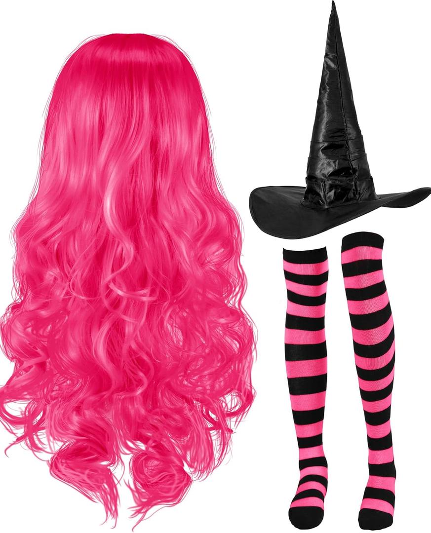 Janinka Halloween Witch Costume Set for Woman, Wig, Witch Hat, Socks (Black, Bright Pink)