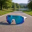 Sports Sunglasses TR90 UV400, Lightweight Wraparound for Men/Women, Adjustable Nose Pad, Fit Over Glasses for Cycling (Blue)