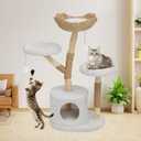 Modern Cat Tree Tower, Solid Wood Multi-Level w/ 2 Flower Perches, Scratching Post, Hanging Ball - Luxury Boho Cat Furniture w/Condo & Wicker Basket for Indoor Cats