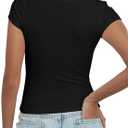 Artfish Women's Short Sleeve T-Shirts Low Scoop Neck Slim Fitted Ribbed Knit Casual Longer Crop Top (Black, M)