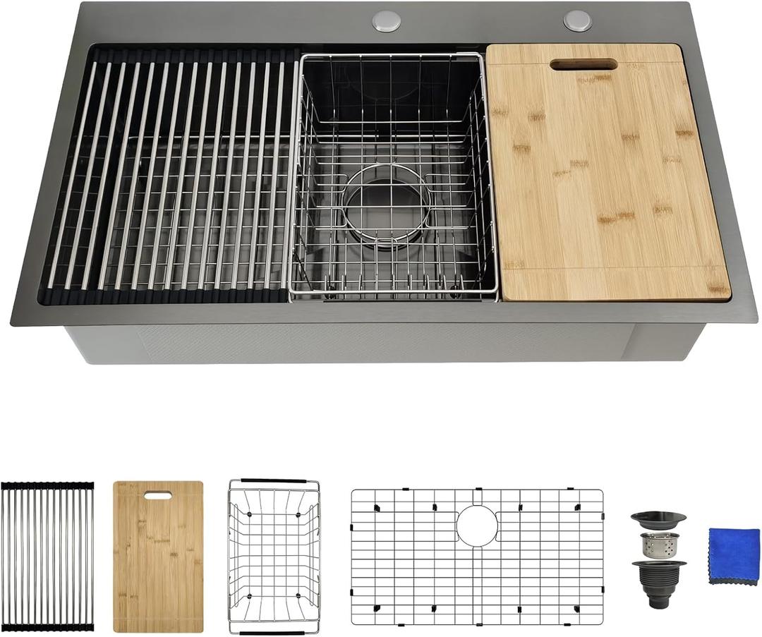33x19 Black Kitchen Sink Drop In - 33 Inch Drop In Kitchen Sink Workstation, Black Stainless Steel Sinks, 16 Gauge Single Bowl Top Mount Workstation Sinks by Delironexu with 6 Accessories