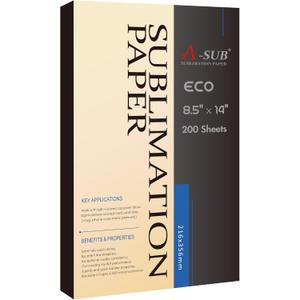 A-SUB Sublimation Paper 8.5x14 Inch-200 Sheets Heat Transfer Paper for Light Colored Fabric and Other Blanks, Works with Inkjet Printer and Sublimation Ink 125g