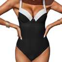 Fisoew Women One Piece Tummy Control Swimsuits Retro Slimming Colorblock Back Tie Vintage Bathing Suits (Small, Black)