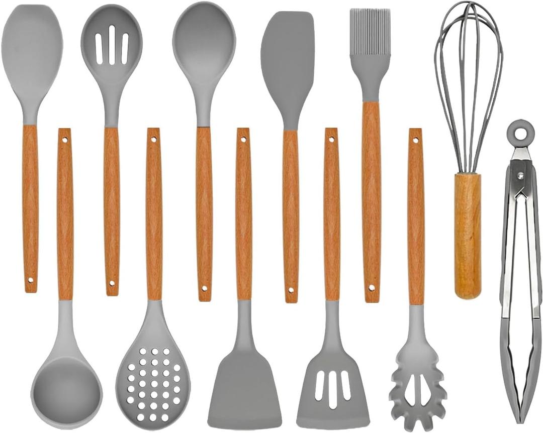 Kitchen Utensils Set - 12 Pcs Silicone Cooking Utensils Set with Wooden Handle - Heat Resistant Non-Stick BPA Free Spatula Set,Turner, Spoon, Brush, Silicone Kitchen Gadgets Utensil Set (Gray)